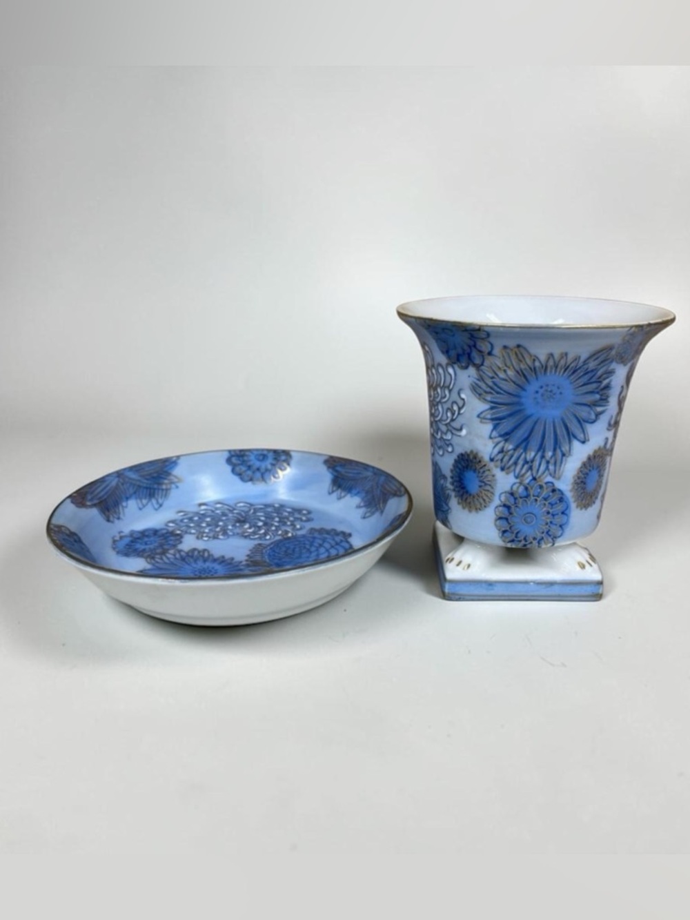 Vtg Andrea by Sadek Chinoiserie Footed Chrysanthemum Small Vase & Dish